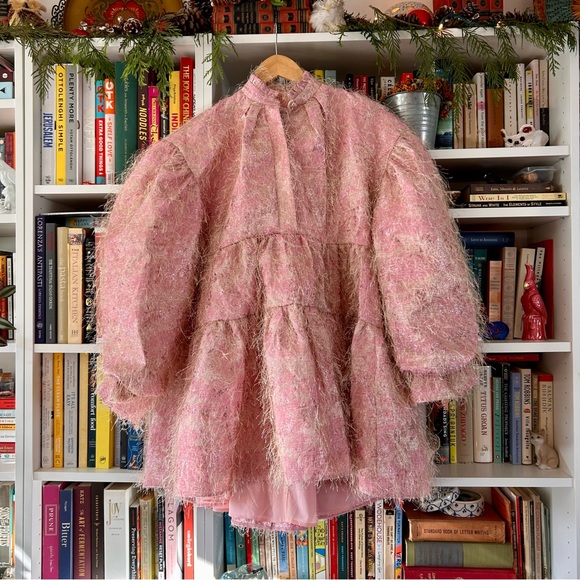 ASOS edition tiered smock mini dress with high neck in fluffy jacquard in pink - Picture 2 of 8
